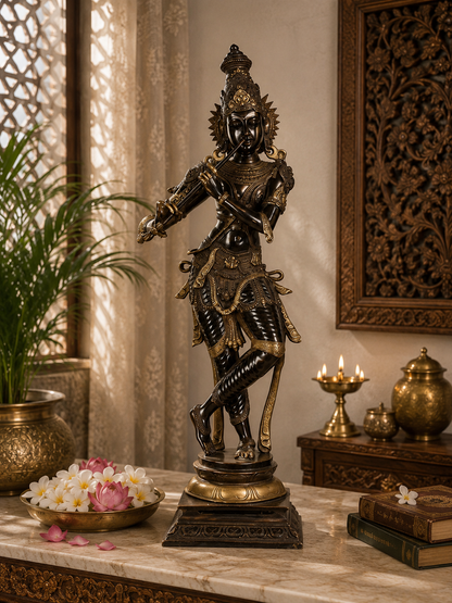 Brassaura® Lord Krishna Playing Flute Idol with Golden & Black Patina Finish | Pure Superfine Brass Handcrafted Murti | Brass Statue for Home Temple, Pooja Room, Spiritual Décor & Luxury Gifting | Height 34 Inches | Weight 20 Kg