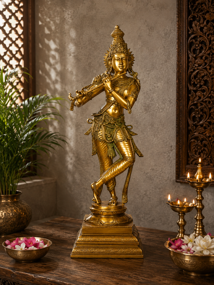 Brassaura® Lord Krishna Playing Flute Idol with Polished Finish | Pure Superfine Brass Handcrafted Murti | Brass Statue for Home Temple, Pooja Room, Spiritual Décor & Luxury Gifting | Height 35 Inches | Weight 20 Kg