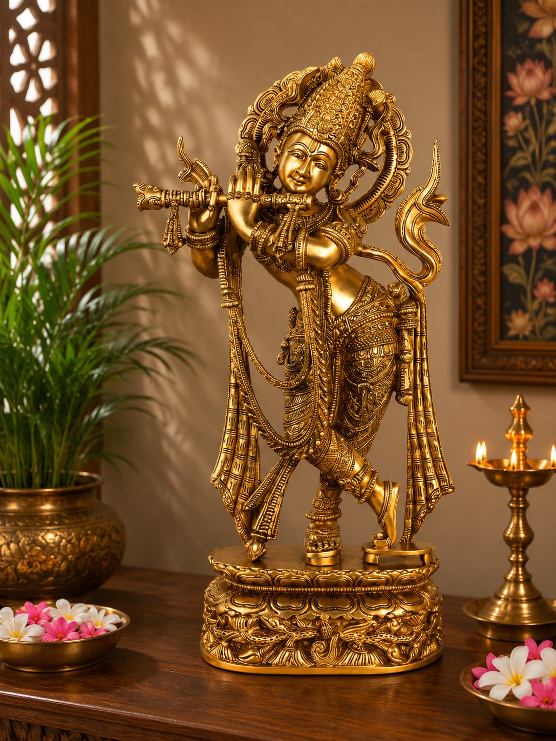 Brassaura® Lord Krishna Playing Flute Idol with Antique Finish | Pure Superfine Brass Handcrafted Murti | Brass Statue for Home Temple, Pooja Room, Spiritual Décor & Luxury Gifting | Height 35 Inches | Weight 19 Kg