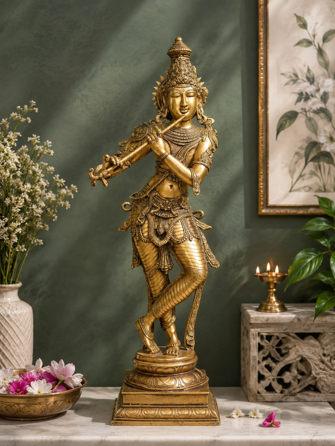 Brassaura® Lord Krishna Playing Flute Idol with Antique Finish | Pure Superfine Brass Handcrafted Murti | Brass Statue for Home Temple, Pooja Room, Spiritual Décor & Luxury Gifting | Height 36 Inches | Weight 19 Kg