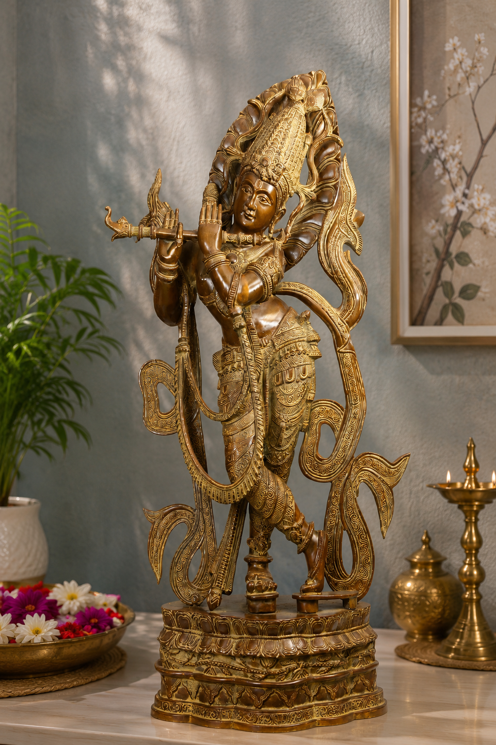 Brassaura® Lord Krishna Playing Flute Idol with Antique Finish | Pure Superfine Brass Handcrafted Murti | Brass Statue for Home Temple, Pooja Room, Spiritual Décor & Luxury Gifting | Height 34 Inches | Weight 29 Kg
