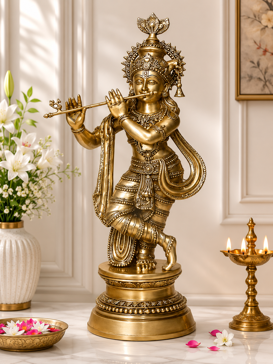 Brassaura® Lord Krishna Playing Flute Idol with Antique Finish | Pure Superfine Brass Handcrafted Murti | Brass Statue for Home Temple, Pooja Room, Spiritual Décor & Luxury Gifting | Height 36 Inches | Weight 22 Kg