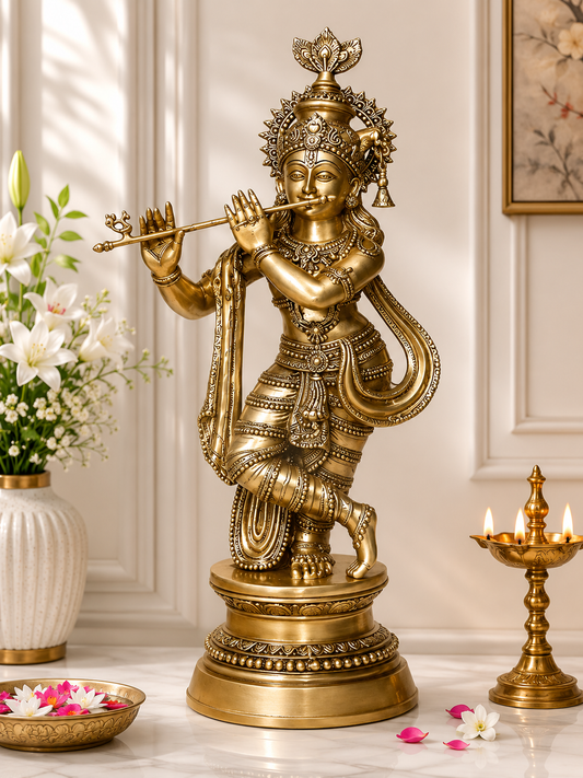 Brassaura® Lord Krishna Playing Flute Idol with Antique Finish | Pure Superfine Brass Handcrafted Murti | Brass Statue for Home Temple, Pooja Room, Spiritual Décor & Luxury Gifting | Height 36 Inches | Weight 22 Kg