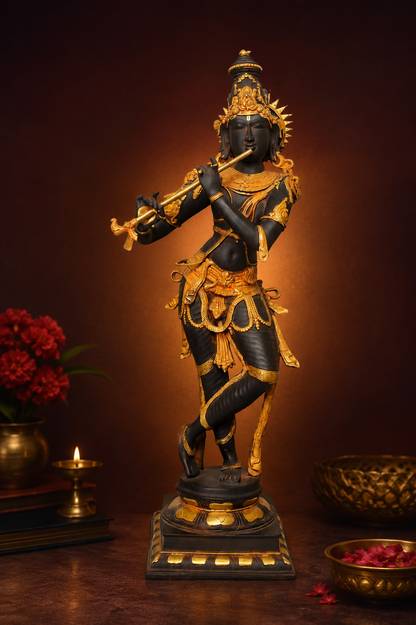 Brassaura® Lord Krishna Playing Flute Idol with Golden & Black Patina Finish | Pure Superfine Brass Handcrafted Murti | Brass Statue for Home Temple, Pooja Room, Spiritual Décor & Luxury Gifting | Height 36 Inches | Weight 20 Kg