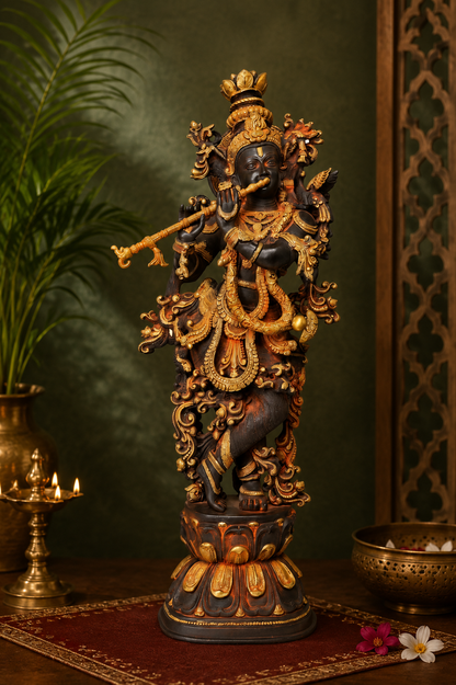 Brassaura® Lord Krishna Playing Flute Idol with Golden & Black Patina Finish | Pure Superfine Brass Handcrafted Murti | Brass Statue for Home Temple, Pooja Room, Spiritual Décor & Luxury Gifting | Height 30 Inches | Weight 21 Kg