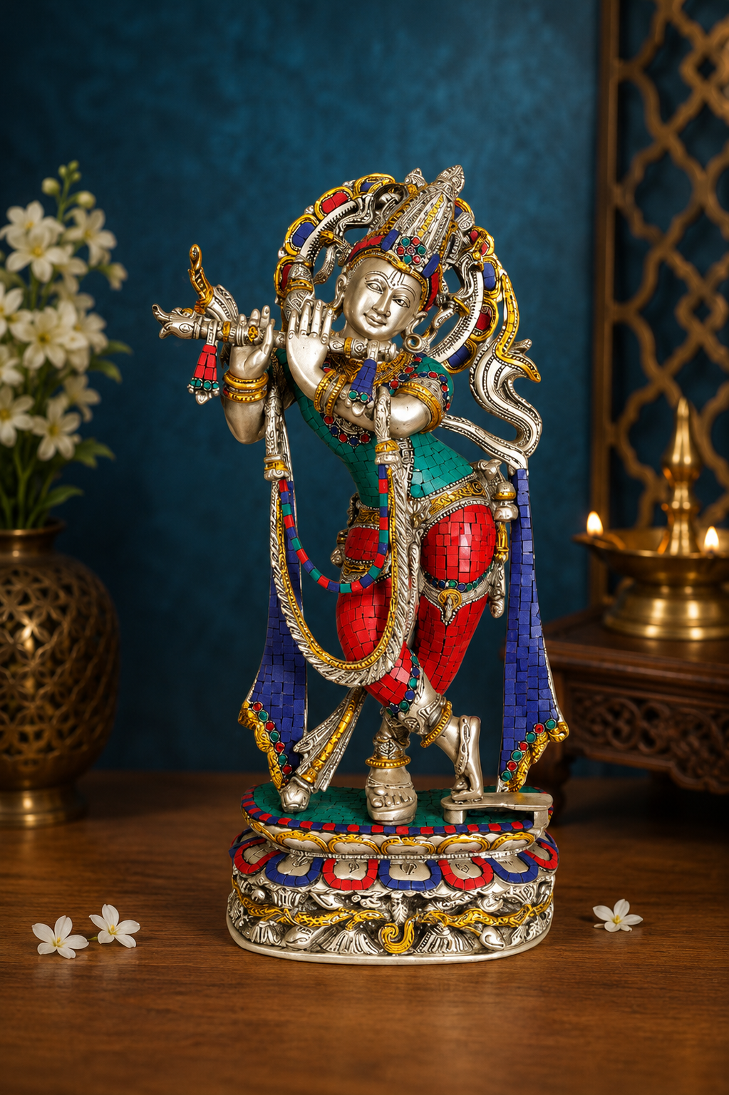 Brassaura® Lord Krishna Playing Flute Idol with Multi-Color Finish | Pure Superfine Brass Handcrafted Murti | Brass Statue for Home Temple, Pooja Room, Spiritual Décor & Luxury Gifting | Height 22.5 Inches | Weight 12 Kg
