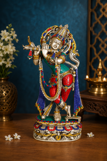 Brassaura® Lord Krishna Playing Flute Idol with Multi-Color Finish | Pure Superfine Brass Handcrafted Murti | Brass Statue for Home Temple, Pooja Room, Spiritual Décor & Luxury Gifting | Height 22.5 Inches | Weight 12 Kg
