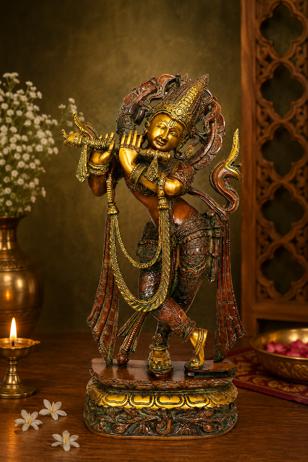 Brassaura® Lord Krishna Playing Flute Idol with Green Algae Finish | Pure Superfine Brass Handcrafted Murti | Brass Statue for Home Temple, Pooja Room, Spiritual Décor & Luxury Gifting | Height 22 Inches | Weight 12 Kg
