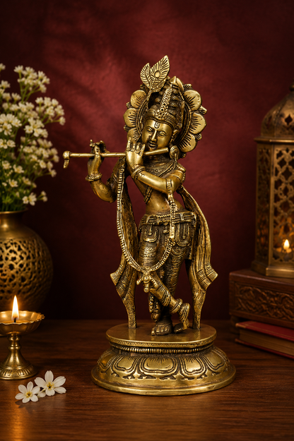 Brassaura® Lord Krishna Playing Flute Idol with Antique Finish | Pure Superfine Brass Handcrafted Murti | Brass Statue for Home Temple, Pooja Room, Spiritual Décor & Luxury Gifting | Height 11 Inches | Weight 2 Kg