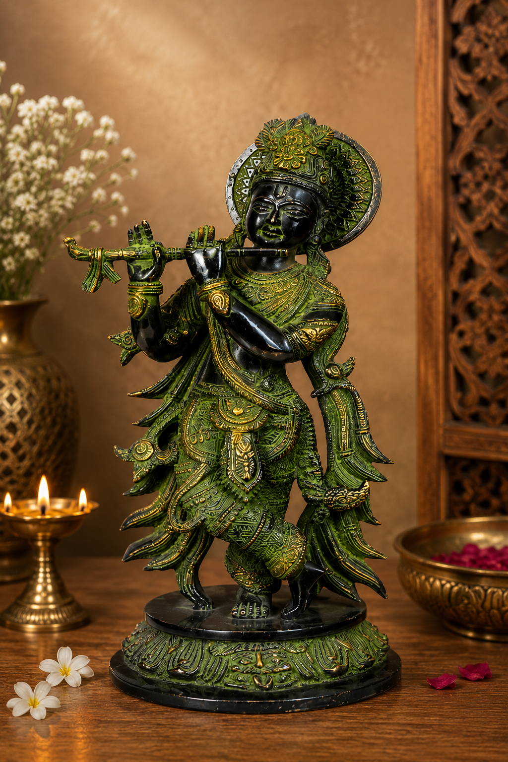 Brassaura® Lord Krishna Playing Flute Idol with Green Algae Finish | Pure Superfine Brass Handcrafted Murti | Brass Statue for Home Temple, Pooja Room, Spiritual Décor & Luxury Gifting | Height 13 Inches | Weight 4 Kg