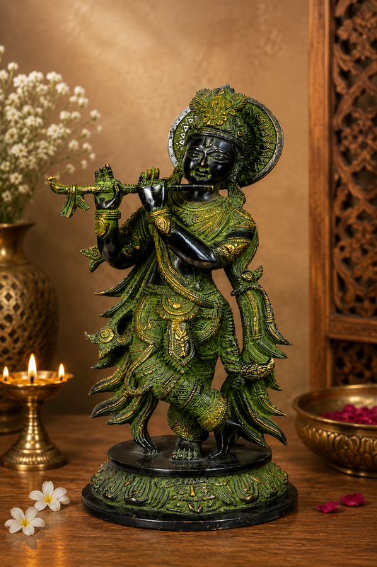 Brassaura® Lord Krishna Playing Flute Idol with Green Algae Finish | Pure Superfine Brass Handcrafted Murti | Brass Statue for Home Temple, Pooja Room, Spiritual Décor & Luxury Gifting | Height 13 Inches | Weight 4 Kg