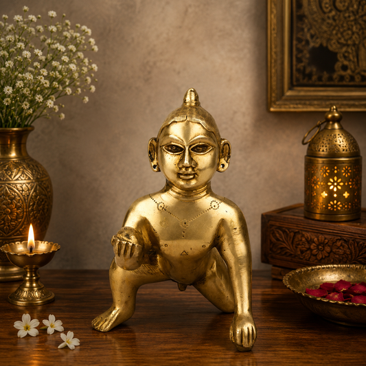 Brassaura® Brass Bal Gopal Idol | Pure Superfine Brass Handcrafted Laddu Gopal Murti | Brass Statue for Home Temple, Pooja Room, Spiritual Décor & Luxury Gifting | Height 7 Inches | Weight 1.6 Kg