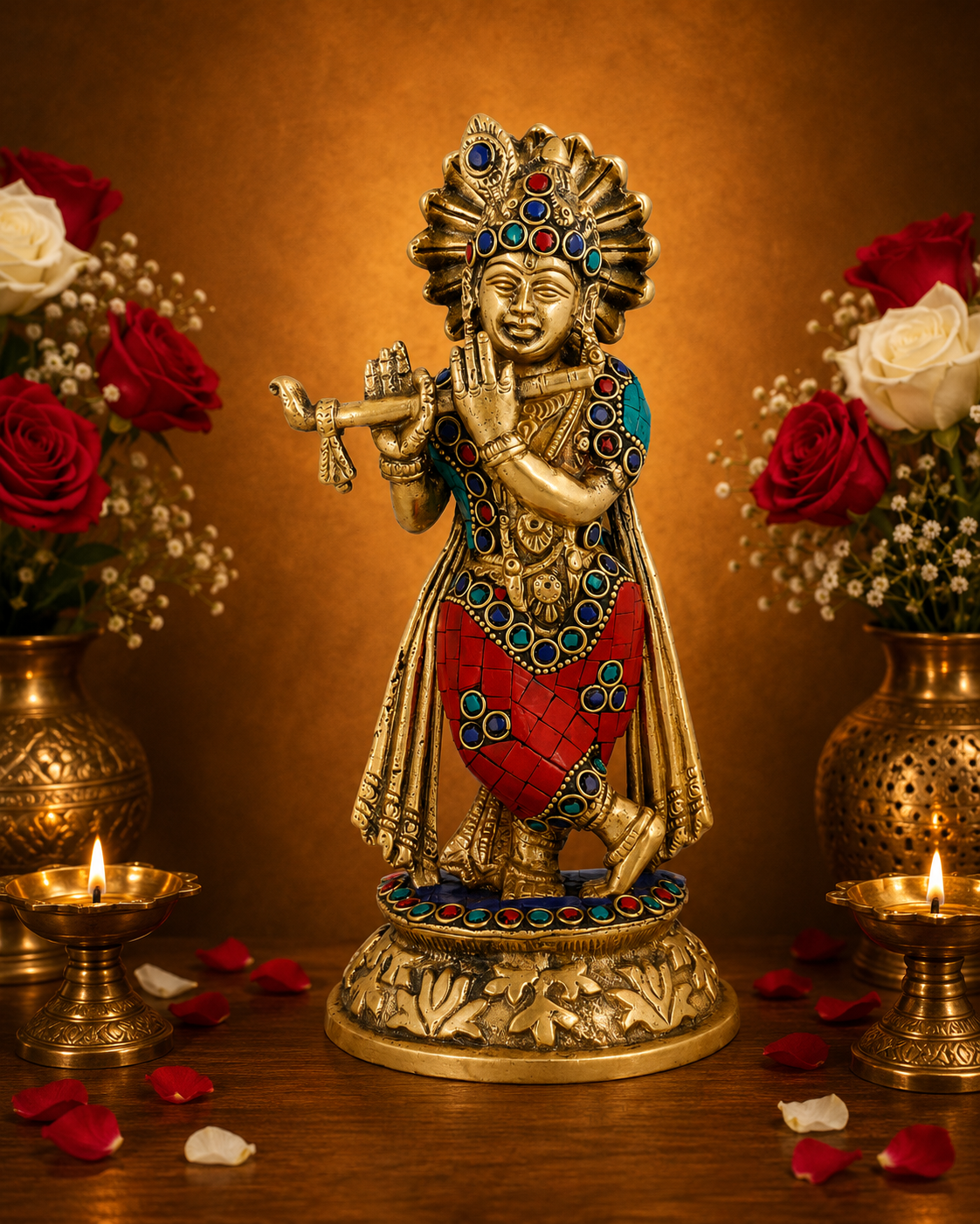 Brassaura® Lord Krishna Playing Flute Idol with Gem Stone Work | Pure Superfine Brass Handcrafted Murti | Brass Statue for Home Temple, Pooja Room, Spiritual Décor & Luxury Gifting | Height 8 Inches | Weight 1.2 Kg
