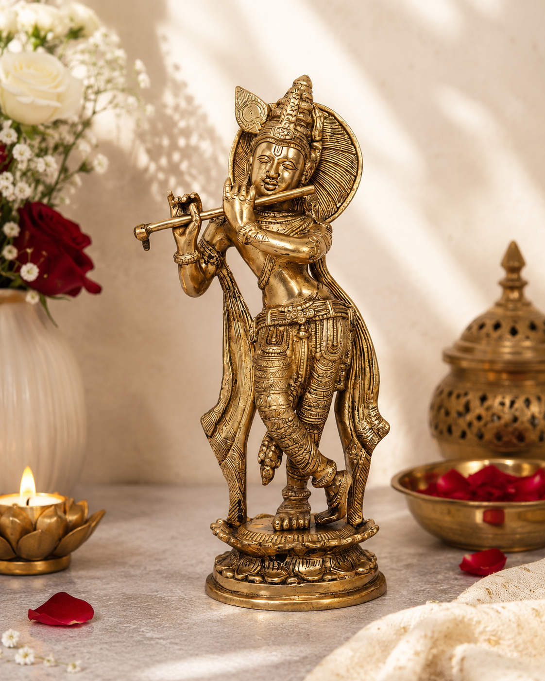 Brassaura® Lord Krishna Playing Flute Idol | Pure Superfine Brass Handcrafted Murti | Brass Statue for Home Temple, Pooja Room, Spiritual Décor & Luxury Gifting | Height 11 Inches | Weight 2.5 Kg
