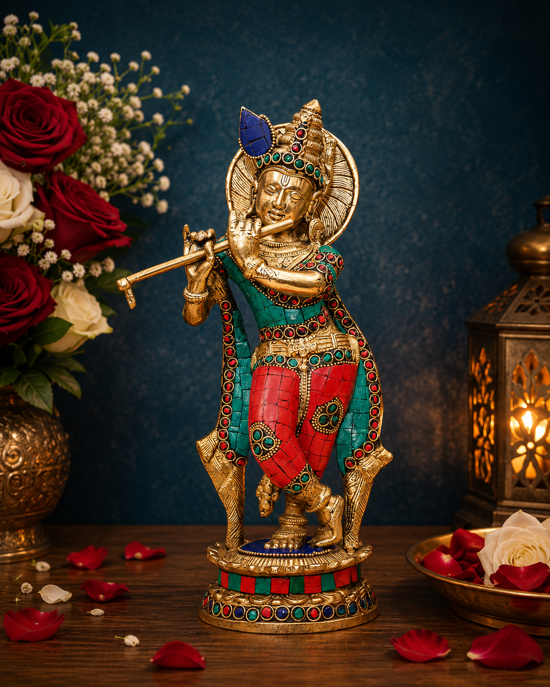 Brassaura® Lord Krishna Playing Flute Idol with Multi-Color Finish | Pure Superfine Brass Handcrafted Murti | Brass Statue for Home Temple, Pooja Room, Spiritual Décor & Luxury Gifting | Height 11 Inches | Weight 2.5 Kg