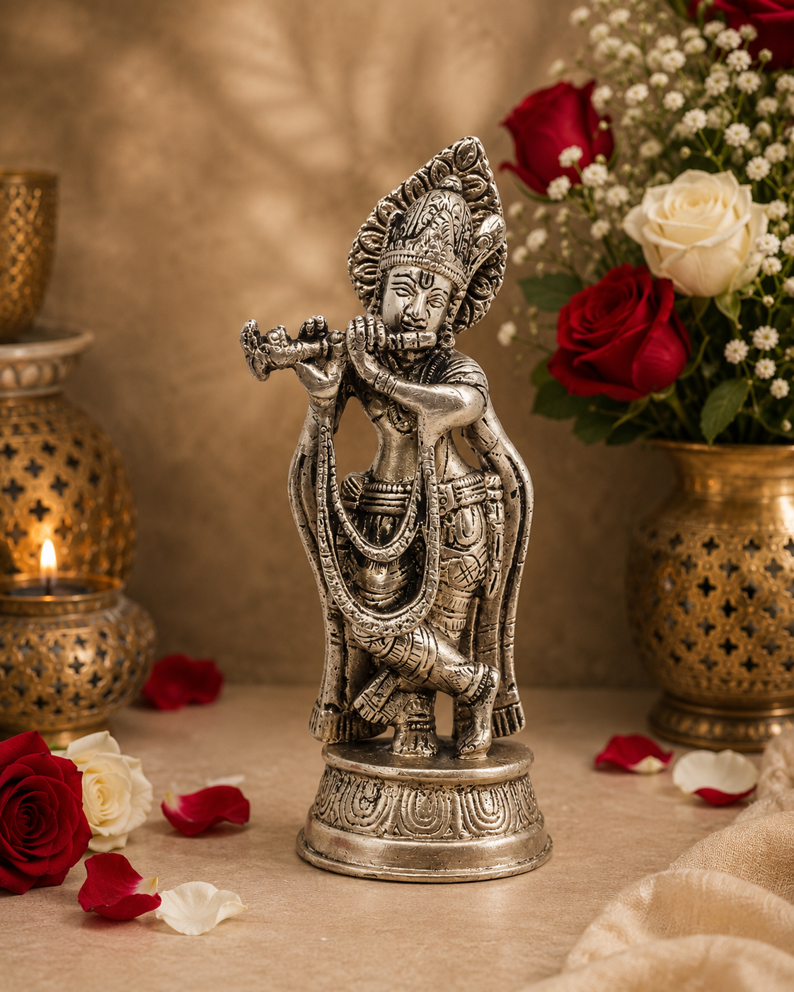 Brassaura® Lord Krishna Playing Flute Idol with Antique Finish | Pure Superfine Brass Handcrafted Murti | Brass Statue for Home Temple, Pooja Room, Spiritual Décor & Luxury Gifting | Height 5.5 Inches | Weight 0.48 Kg