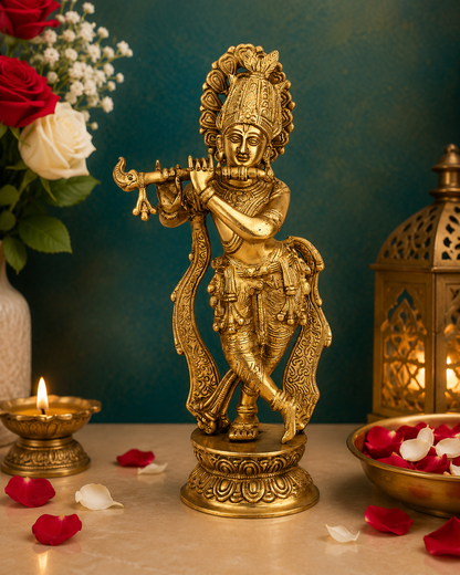Brassaura® Lord Krishna Playing Flute Idol with Polished Finish | Pure Superfine Brass Handcrafted Murti | Brass Statue for Home Temple, Pooja Room, Spiritual Décor & Luxury Gifting | Height 13 Inches | Weight 3 Kg