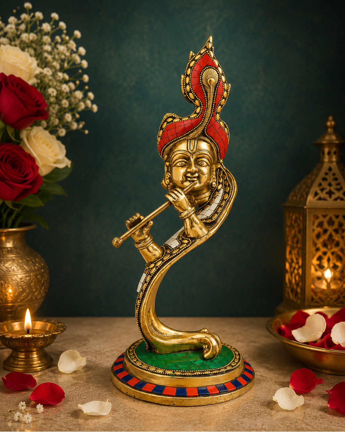 Brassaura® Lord Krishna Playing Flute Idol with Polished Finish | Pure Superfine Brass Handcrafted Murti | Brass Statue for Home Temple, Pooja Room, Spiritual Décor & Luxury Gifting | Height 13 Inches | Weight 3 Kg