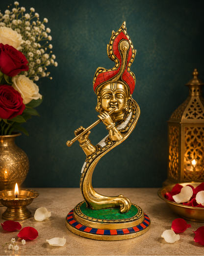 Brassaura® Lord Krishna Playing Flute Idol with Polished Finish | Pure Superfine Brass Handcrafted Murti | Brass Statue for Home Temple, Pooja Room, Spiritual Décor & Luxury Gifting | Height 13 Inches | Weight 3 Kg