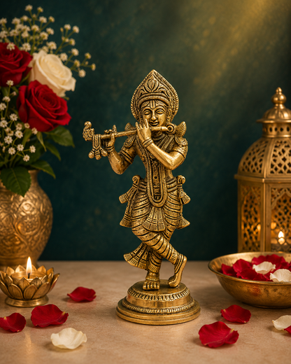 Brassaura® Lord Krishna Playing Flute Idol with Antique Finish | Pure Superfine Brass Handcrafted Murti | Brass Statue for Home Temple, Pooja Room, Spiritual Décor & Luxury Gifting | Height 8.5 Inches | Weight 1.5 Kg