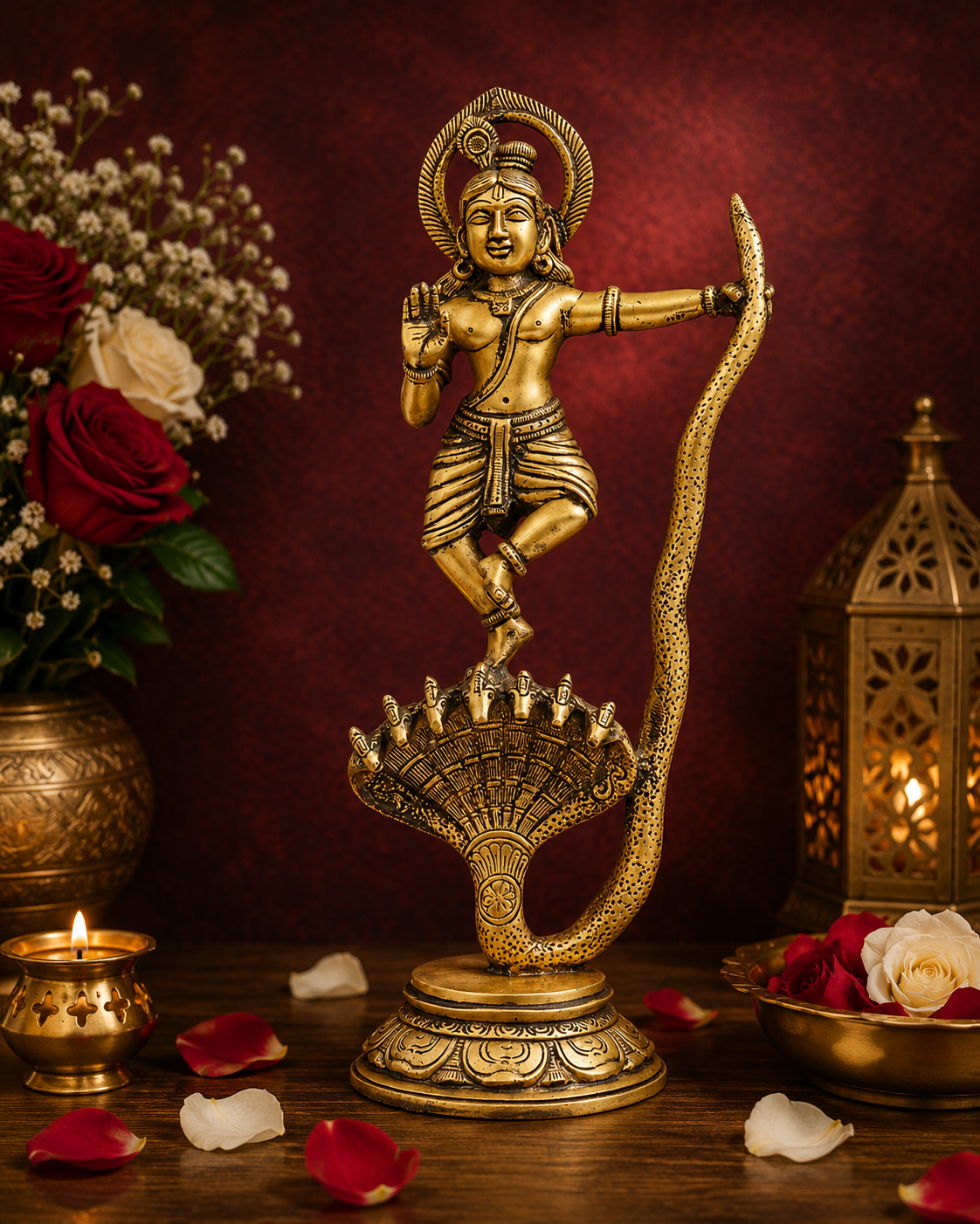 Brassaura® Lord Krishna Dancing on Kaliya Naag Idol with Antique Finish | Pure Superfine Brass Handcrafted Murti | Brass Statue for Home Temple, Pooja Room, Spiritual Décor & Luxury Gifting | Height 13 Inches | Weight 2.6 Kg