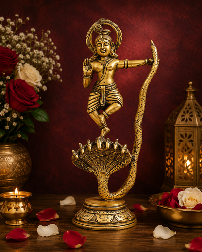 Brassaura® Lord Krishna Dancing on Kaliya Naag Idol with Antique Finish | Pure Superfine Brass Handcrafted Murti | Brass Statue for Home Temple, Pooja Room, Spiritual Décor & Luxury Gifting | Height 13 Inches | Weight 2.6 Kg