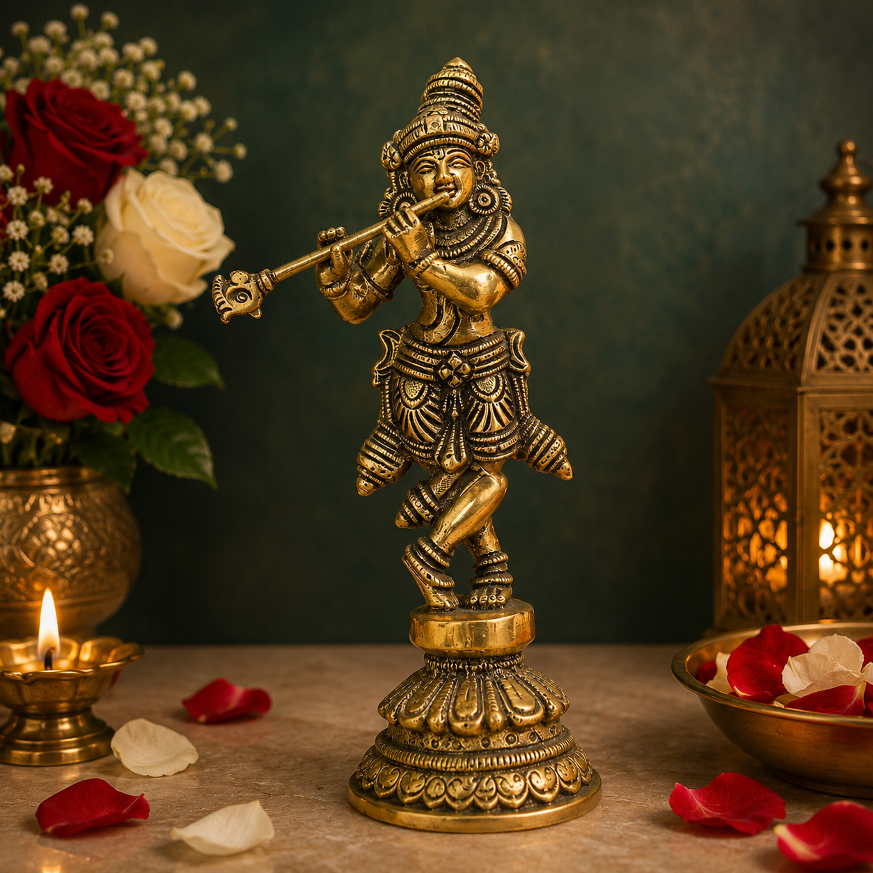 Brassaura® Lord Krishna Playing Flute Idol with Antique Finish | Pure Superfine Brass Handcrafted Murti | Brass Statue for Home Temple, Pooja Room, Spiritual Décor & Luxury Gifting | Height 8 Inches | Weight 1.2 Kg