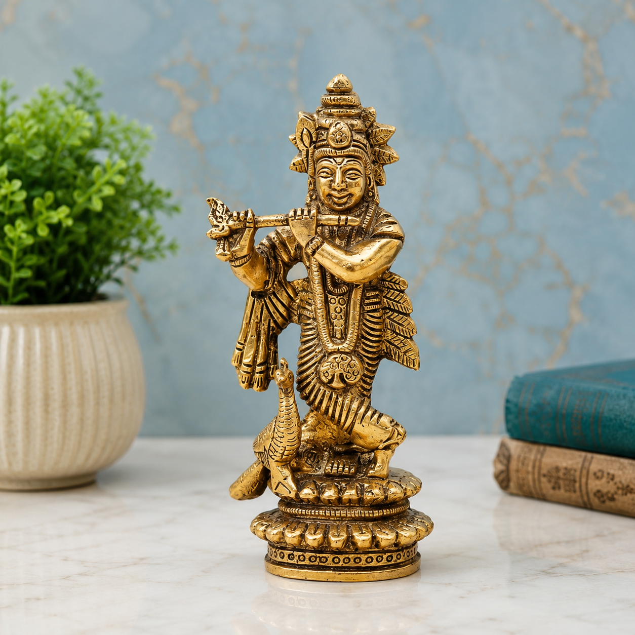 Brassaura® Lord Krishna Playing Flute Idol with Antique Finish | Pure Superfine Brass Handcrafted Murti | Brass Statue for Home Temple, Pooja Room, Spiritual Décor & Luxury Gifting | Height 5 Inches | Weight 0.38 Kg