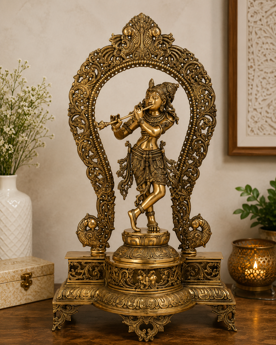 Brassaura® Lord Krishna Playing Flute Idol with Antique Finish | Pure Superfine Brass Handcrafted Murti | Brass Statue for Home Temple, Pooja Room, Spiritual Décor & Luxury Gifting | Height 31 Inches | Weight 19.6 Kg
