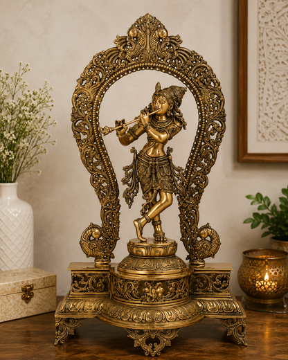 Brassaura® Lord Krishna Playing Flute Idol with Antique Finish | Pure Superfine Brass Handcrafted Murti | Brass Statue for Home Temple, Pooja Room, Spiritual Décor & Luxury Gifting | Height 31 Inches | Weight 19.6 Kg