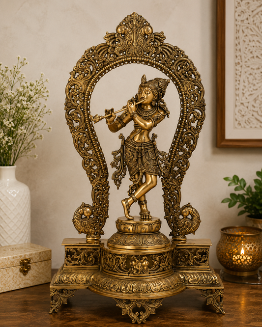 Brassaura® Lord Krishna Playing Flute Idol with Antique Finish | Pure Superfine Brass Handcrafted Murti | Brass Statue for Home Temple, Pooja Room, Spiritual Décor & Luxury Gifting | Height 31 Inches | Weight 19.6 Kg
