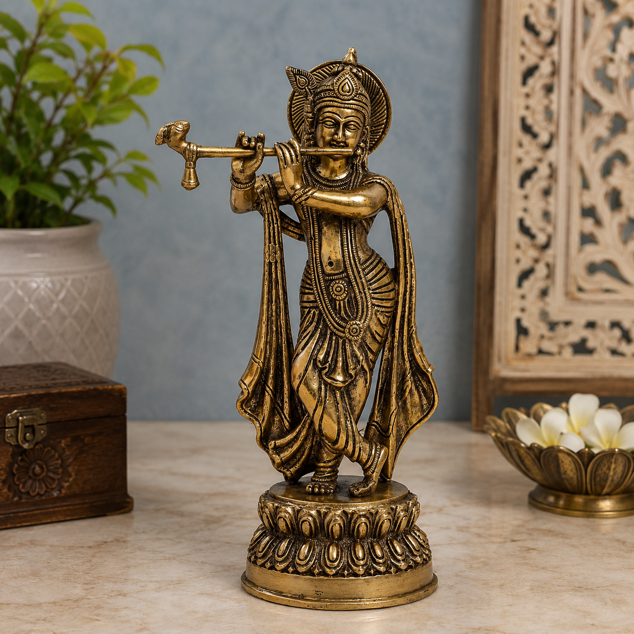 Brassaura® Lord Krishna Playing Flute Idol with Antique Finish | Pure Superfine Brass Handcrafted Murti | Brass Statue for Home Temple, Pooja Room, Spiritual Décor & Luxury Gifting | Height 10 Inches | Weight 1.8 Kg