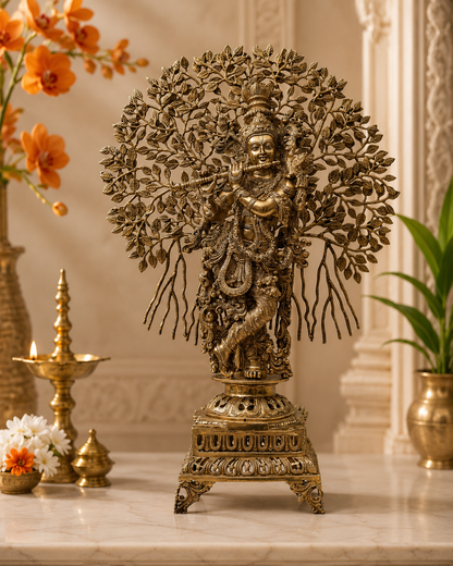 Brassaura® Brass Lord Krishna with Sacred Tree Idol | Pure Superfine Brass Handcrafted Murti | Majestic Krishna Playing Flute Sculpture for Home Temple, Living Room & Luxury Gifting | Height 35 Inches | Weight 30 Kg