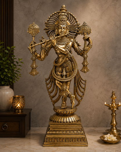 Brassaura® Lord Krishna Playing Flute Idol with Antique Finish | Pure Superfine Brass Handcrafted Murti | Brass Statue for Home Temple, Pooja Room, Spiritual Décor & Luxury Gifting | Height 31 Inches | Weight 28 Kg