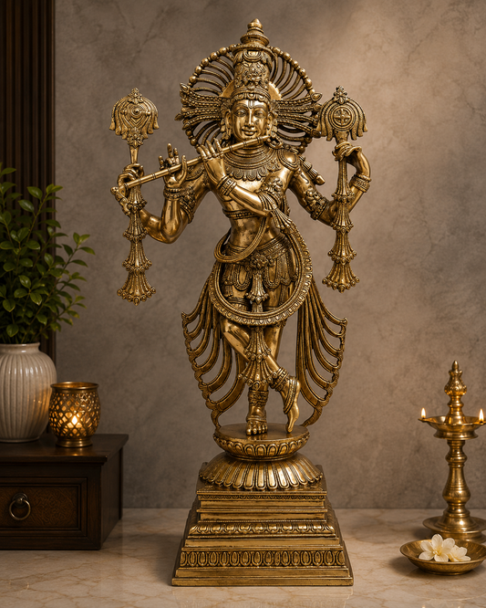 Brassaura® Lord Krishna Playing Flute Idol with Antique Finish | Pure Superfine Brass Handcrafted Murti | Brass Statue for Home Temple, Pooja Room, Spiritual Décor & Luxury Gifting | Height 31 Inches | Weight 28 Kg
