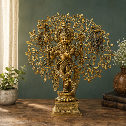 Brassaura® Lord Krishna with Tree Idol with Antique Finish | Pure Superfine Brass Handcrafted Murti | Brass Statue for Home Temple, Pooja Room, Spiritual Décor & Luxury Gifting | Height 22 Inches | Weight 13.4 Kg
