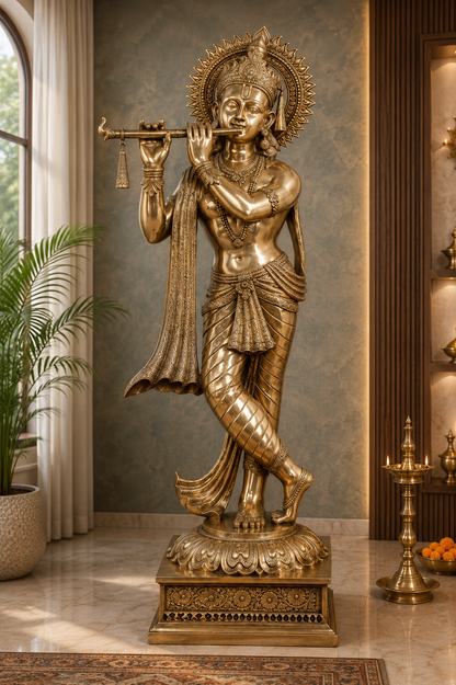 Brassaura® Lord Krishna Playing Flute Idol with Antique Finish | Pure Superfine Brass Handcrafted Murti | Brass Statue for Home Temple, Pooja Room, Spiritual Décor & Luxury Gifting | Height 79 Inches | Weight 140 Kg