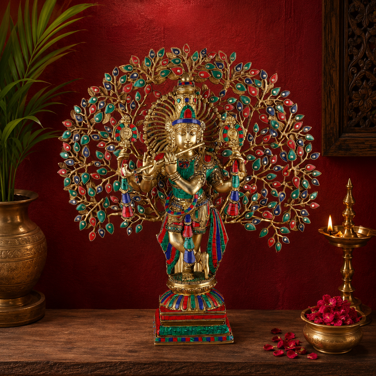 Brassaura® Lord Krishna with Tree Idol with Multi-Color Stone Work Finish | Pure Superfine Brass Handcrafted Murti | Brass Statue for Home Temple, Pooja Room, Spiritual Décor & Luxury Gifting | Height 28 Inches | Weight 20 Kg