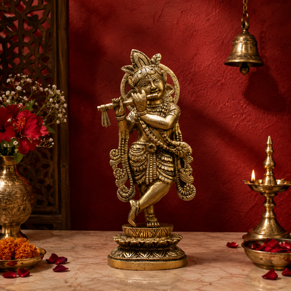 Brassaura® Lord Krishna Playing Flute Idol with Antique Finish | Pure Superfine Brass Handcrafted Murti | Brass Statue for Home Temple, Pooja Room, Spiritual Décor & Luxury Gifting | Height 10 Inches | Weight 1.55 Kg