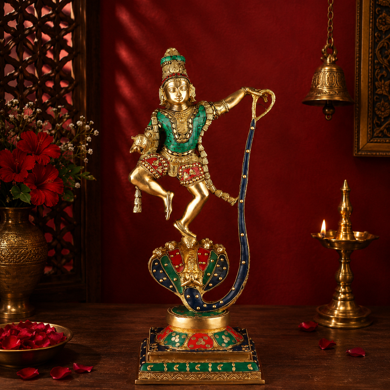 Brassaura® Lord Krishna Dancing on Kaliya Naag Idol with Multi-Color Stone Work Finish | Pure Superfine Brass Handcrafted Murti | Brass Statue for Home Temple, Pooja Room, Spiritual Décor & Luxury Gifting | Height 20.5 Inches | Weight 8 Kg
