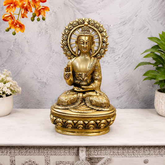 Brassaura® Brass Buddha Statue for Home Décor | Meditating Buddha Idol with Halo | Spiritual & Peaceful Decorative Sculpture | 9 Inches | 2 Kg