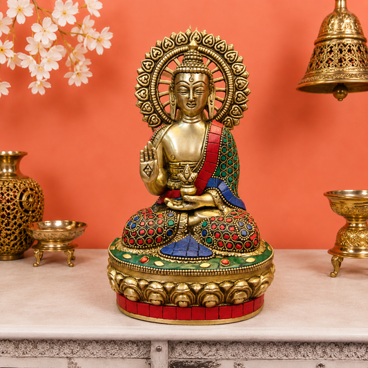 Brassaura® Handcrafted Brass Buddha Statue with Color Stone Work | Decorative Meditating Buddha Idol | Spiritual Home Décor | 9 Inches | 2.2 Kg