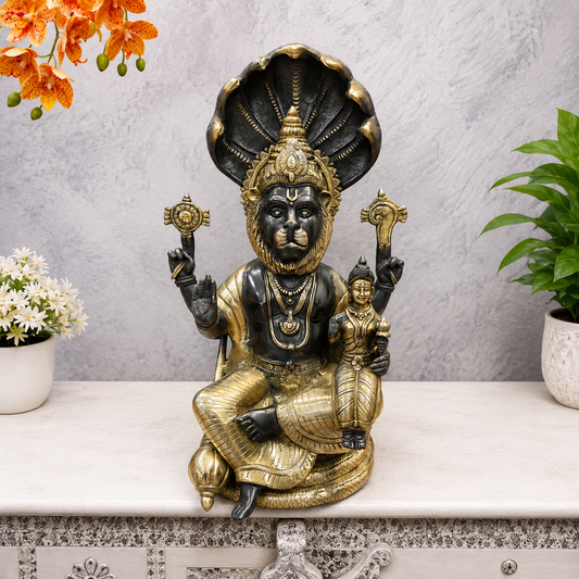 Brassaura® Brass Narasimha with Prahlad Statue | Lord Narasimha Avatar Idol with Sheshnag Canopy | Spiritual Home Décor & Temple Murti | 23 Inches | 25 Kg