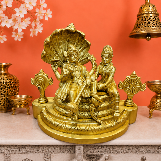 Brassaura® Brass Lakshmi Narayan Statue | Lord Vishnu & Goddess Lakshmi on Sheshnag | Divine Brass Idol for Home Temple & Décor | 8 Inches | 4.8 Kg