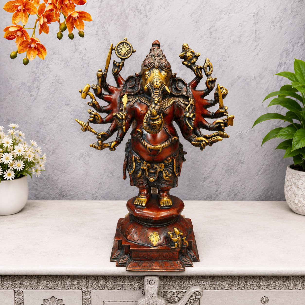 Brassaura® Brass Multi-Armed Ganesha Statue | Divine Vighnaharta Ganesh Idol | Handcrafted Brass Murti for Home Temple, Pooja Room & Spiritual Décor | 20 Inches | 13 Kg