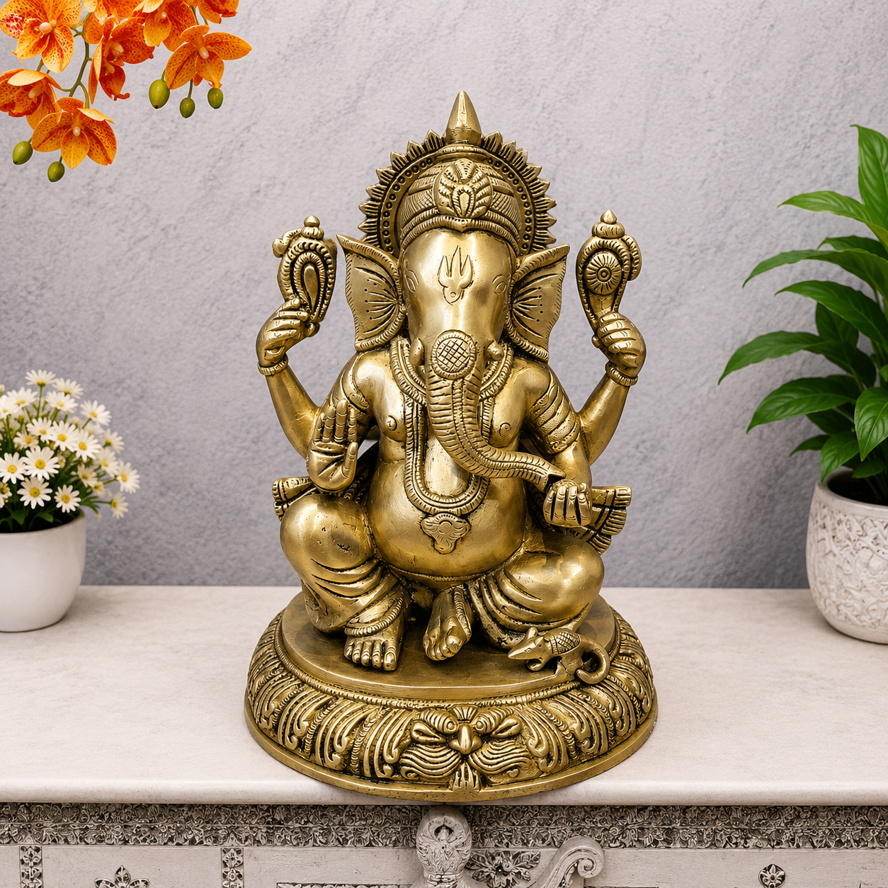 Brassaura® Brass Sitting Ganesha Statue | Lord Ganpati Idol for Home Temple, Pooja Room & Spiritual Décor | Handcrafted Brass Murti | 11 Inches | 6 Kg