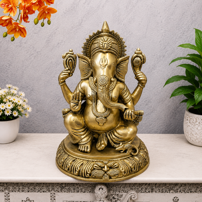 Brassaura® Brass Sitting Ganesha Statue | Lord Ganpati Idol for Home Temple, Pooja Room & Spiritual Décor | Handcrafted Brass Murti | 11 Inches | 6 Kg