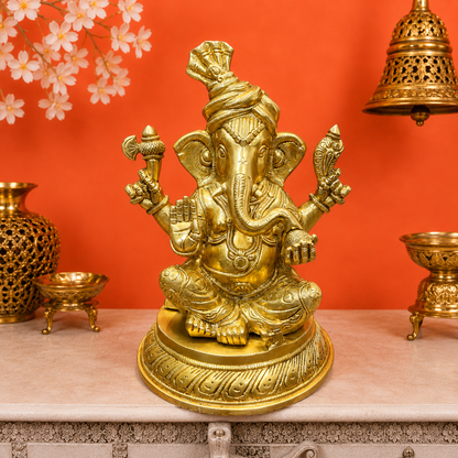 Brassaura® Brass Sitting Lord Ganesha Statue | Ganpati Bappa Idol for Home Temple, Pooja Room & Spiritual Décor | Handcrafted Brass Murti | 11 Inches | 7 Kg