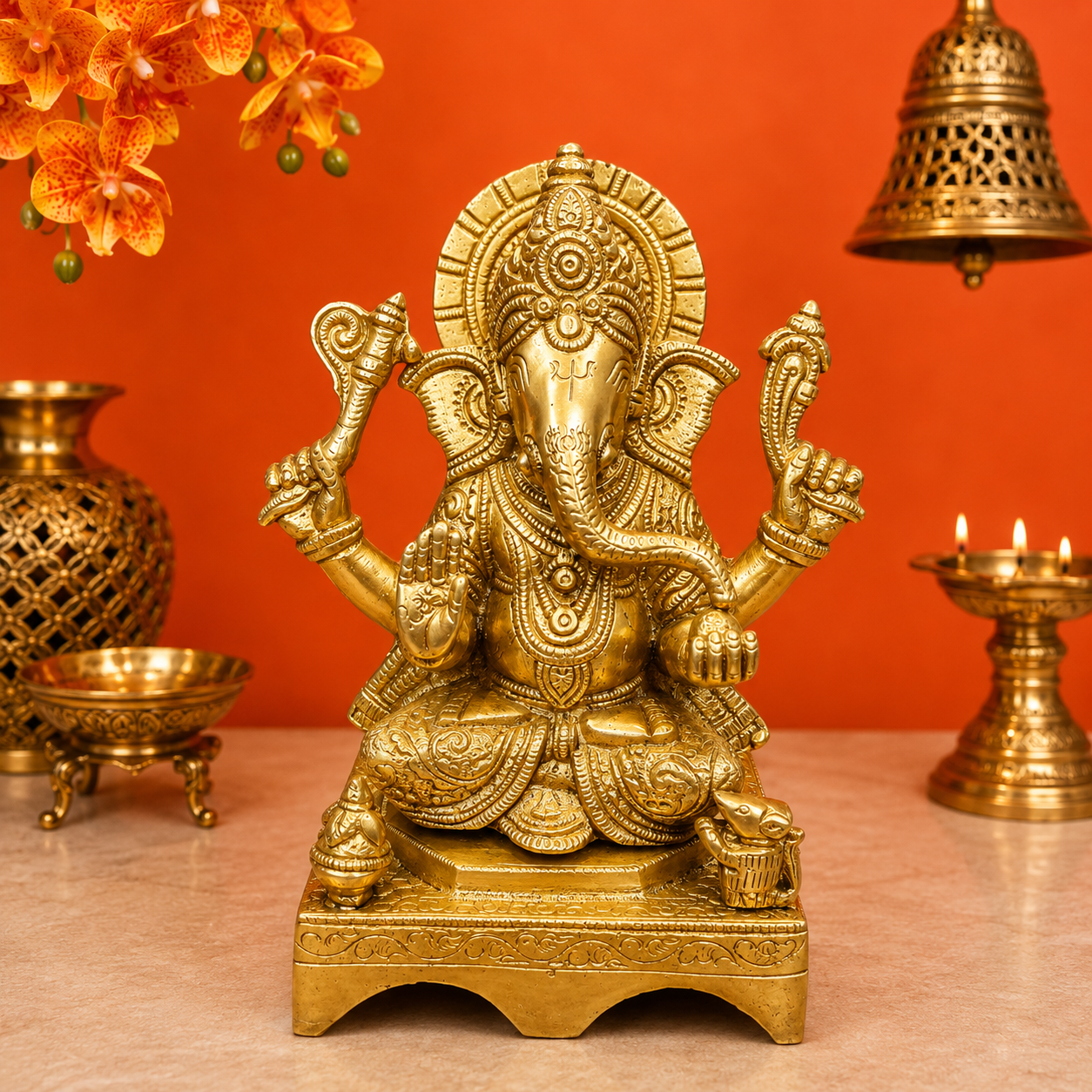 Brassaura® Brass Seated Lord Ganesha Statue | Ganpati Bappa Murti for Home Temple, Pooja Room & Spiritual Décor | Handcrafted Brass Idol | 7 Inches | 2.2 Kg