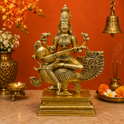 Brassaura® Brass Goddess Saraswati Statue on Swan | Maa Saraswati Idol for Home Temple, Study Room & Spiritual Décor | Handcrafted Brass Murti | 19 Inches | 15 Kg